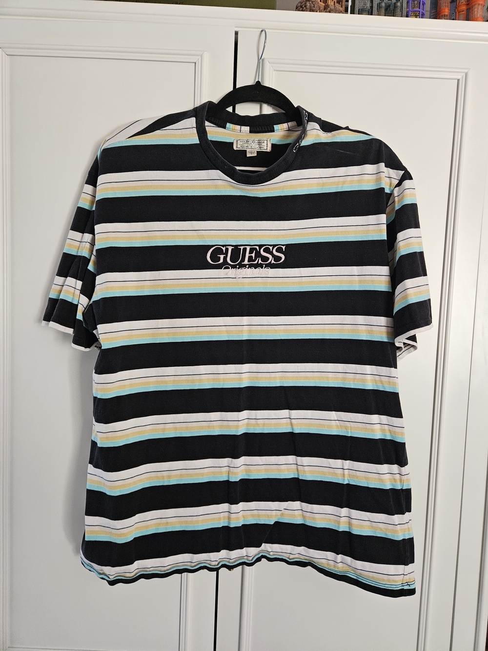 Guess Striped Short-Sleeve Crew Neck Tee in Black, White, Teal & Tan